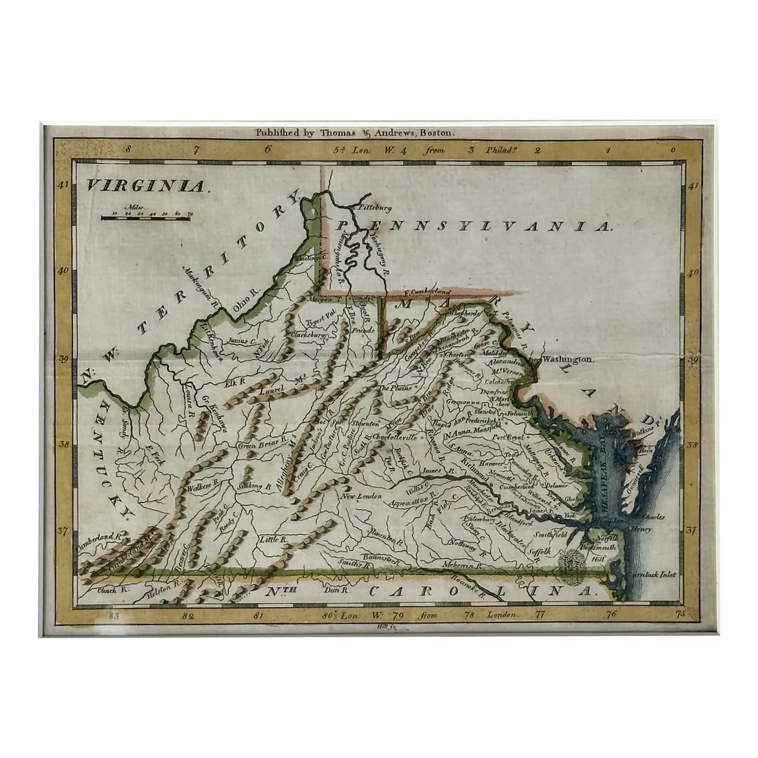 1796 Map of Viriginia From Morse's Universal Geography, Unframed: Original engraving of Virginia by Jedidiah Morse for his New American Universal Geography. Map was engraved by Samuel Hill and published by Thomas & Andrews, Boston, 1796. The map features