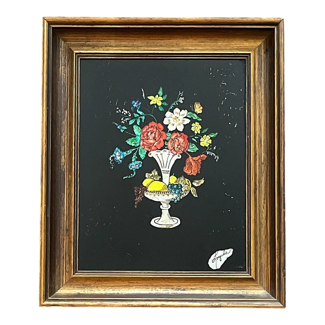 1940s Framed Silver Epergne Holding Flowers and Fruit Silver Foil Painting: Gold framed silver foil painting of an epergne displaying fruits, including lemons and grapes as well as a variety of flowers in hues of red, yellow, white, and blue, accented by green foliage. Black