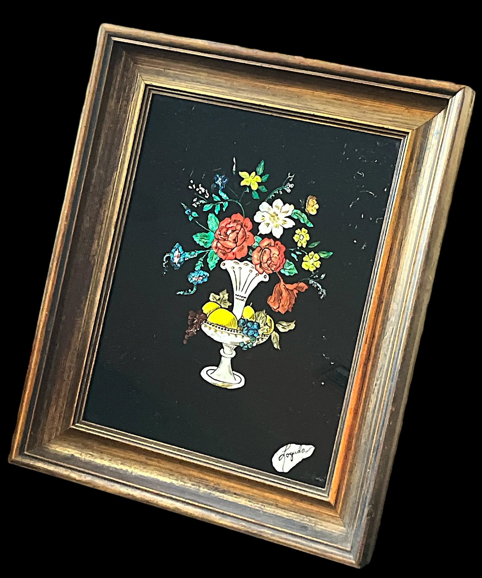 1940s Framed Silver Epergne Holding Flowers and Fruit Silver Foil Painting - 2