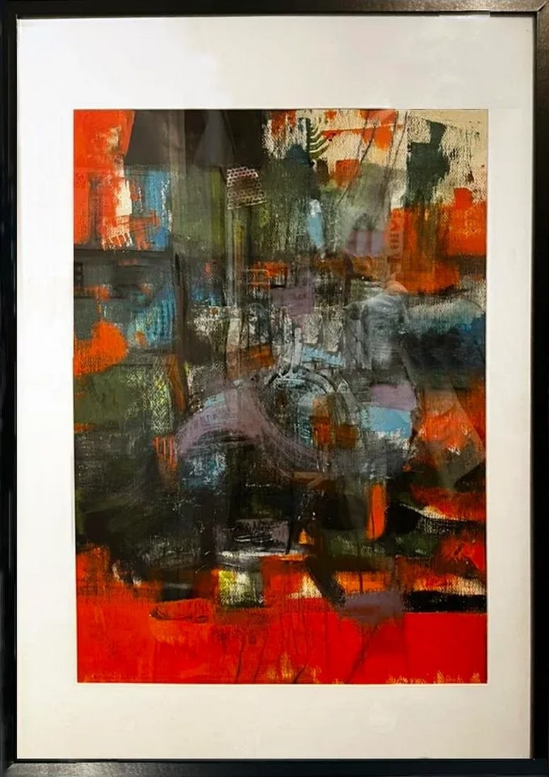 An Abstract Collage Painting, Named "Orange Crush": This striking abstract artwork is centered around a vivid orange palette, evoking warmth and energy. Layers of texture are achieved through the incorporation of collage elements, which add depth and