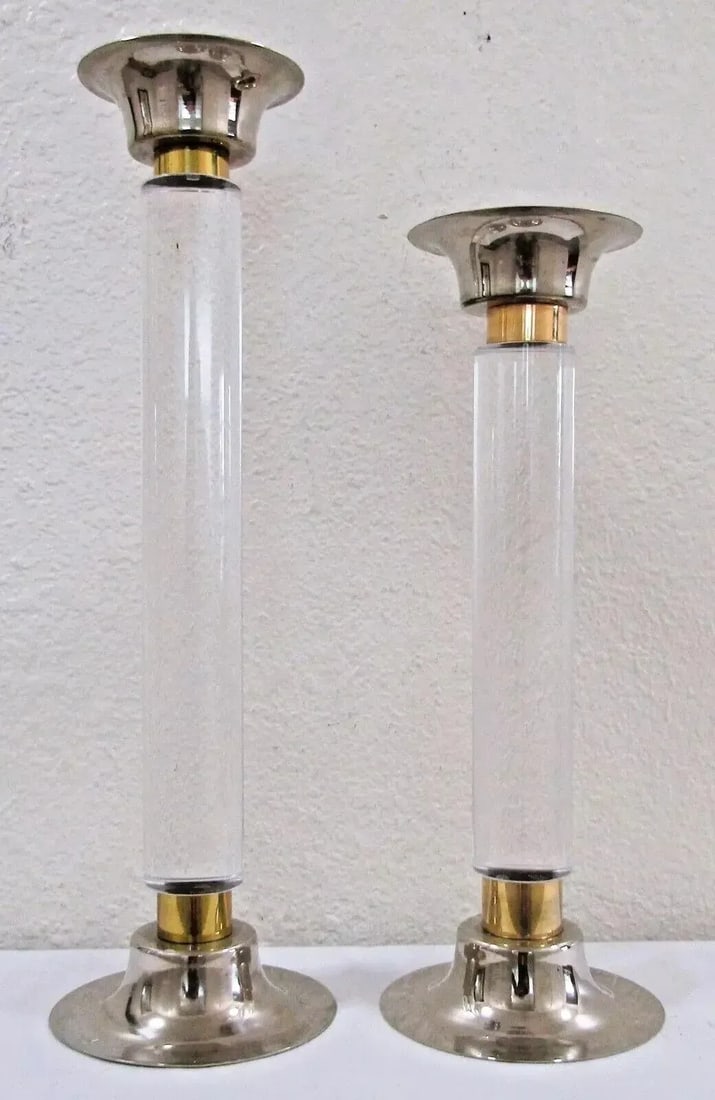 Pair of 1950s Lucite Chrome Brass Column Candle Holders Attributed to Karl Springer - 2