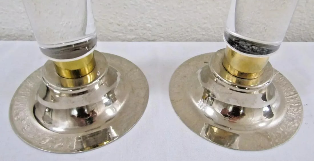 Pair of 1950s Lucite Chrome Brass Column Candle Holders Attributed to Karl Springer - 3