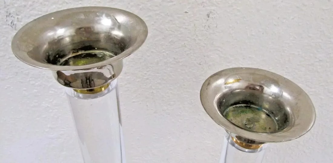 Pair of 1950s Lucite Chrome Brass Column Candle Holders Attributed to Karl Springer - 4