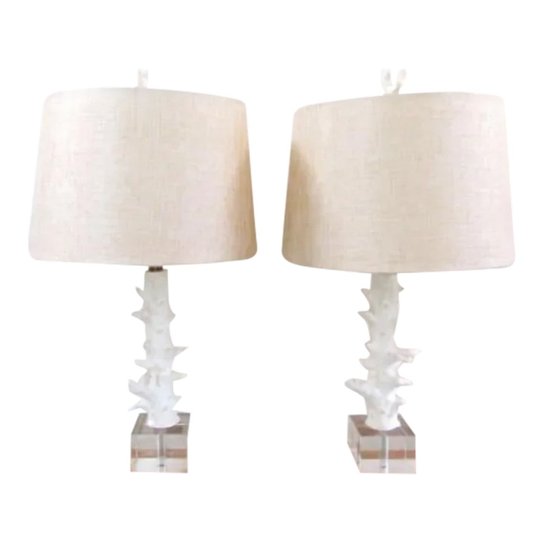 Pair of Uttermost Corallo White Coral Crystal Cube Wood Pattern Base Table Lamps: Pair of Uttermost Corallo White Coral Crystal Cube Wood Pattern Base Table Lamps Add nautical style to any space with this realistic white polyresin coral lamp that's displayed on an elegant crystal