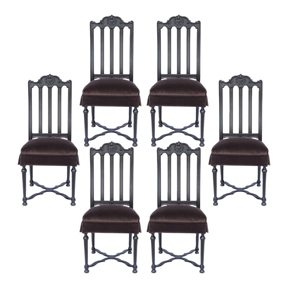 Set of 6 Antique French Gothic Revival Dining Chairs – Carved Wood, New Velvet Upholstery, (1 of 12)