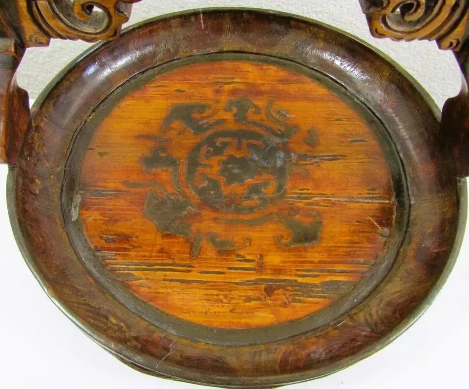 Antique 19th Century Hand-Carved Chinese Wooden Offering Basket With Design - 9