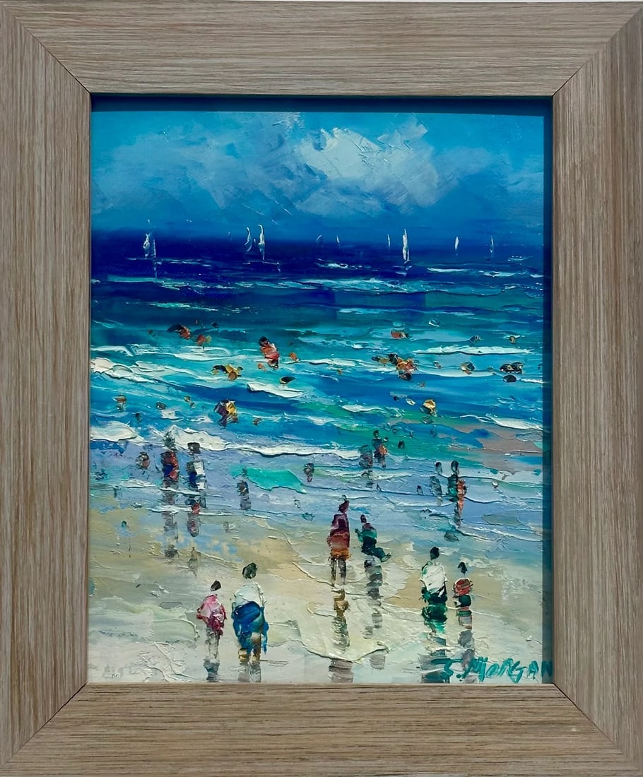 Contemporary Coastal Beach Seascape Oil Painting in Driftwood Frame: Original oil on canvas by J. Morgan. Custom framed in a driftwood frame. Dimensions: 10 3/4 x 12 3/4" Please note: If you purchase multiple items, we'll gladly combine shipping"”just send us a