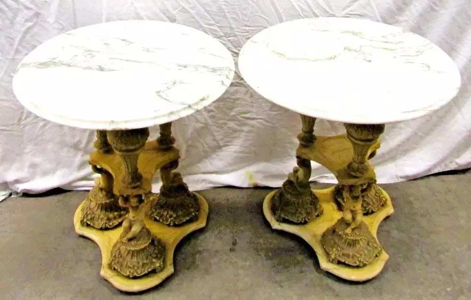 1940s Pair of Italian Regency Florentine Marble Top Side Tables With Triple Cherub Base - 2