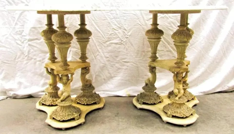 1940s Pair of Italian Regency Florentine Marble Top Side Tables With Triple Cherub Base - 3