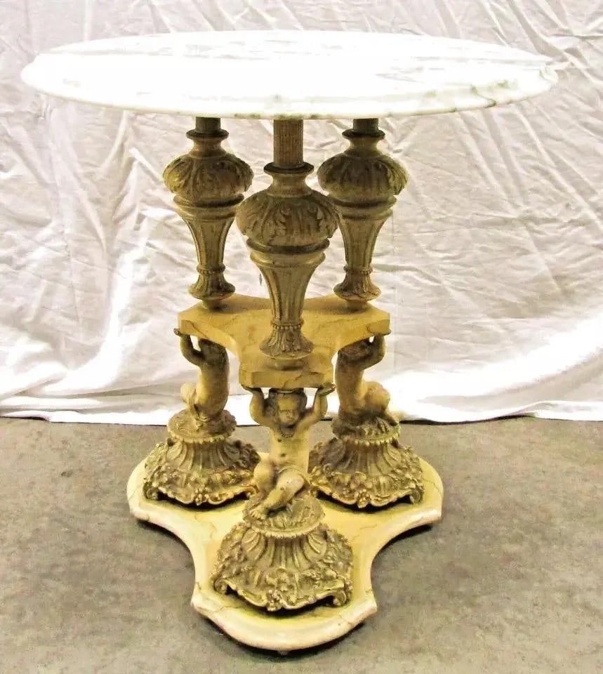 1940s Pair of Italian Regency Florentine Marble Top Side Tables With Triple Cherub Base - 4
