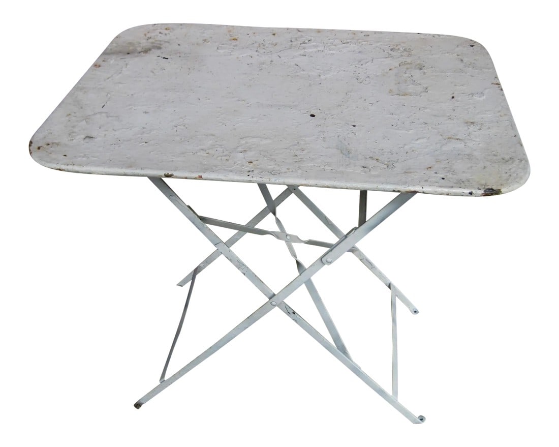 Vintage Iron French Country Rustic Painted Bistro Table: Convenient size for this lovely french iron garden or bistro terrace table, older piece so you will have a heavier iron and sturdy table, the new once are very light, the way this table folds is