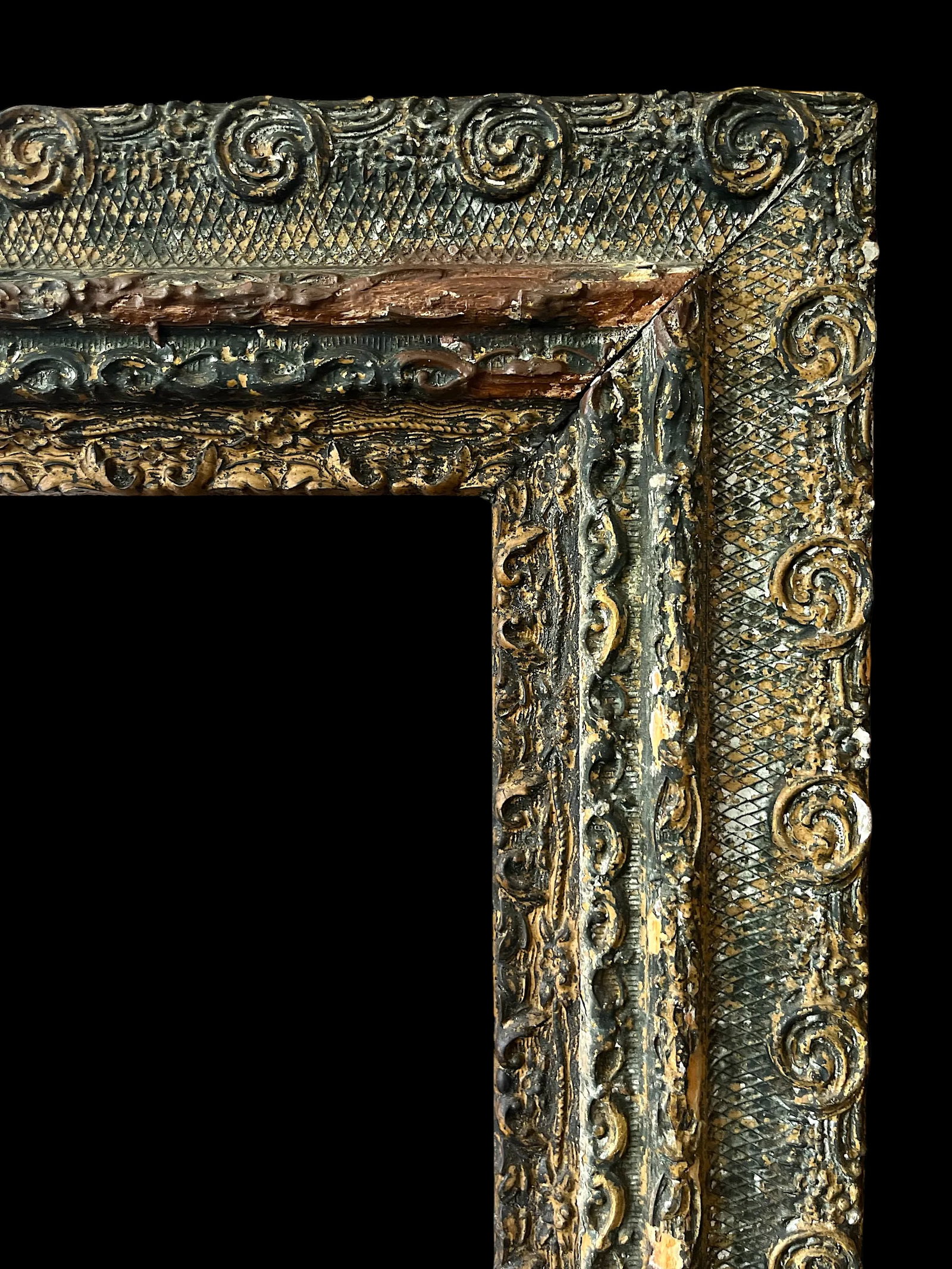 Large 19th Century Antique Gesso and Gilt Wood Frame With Ornate Swirl and Floral Relief - 6