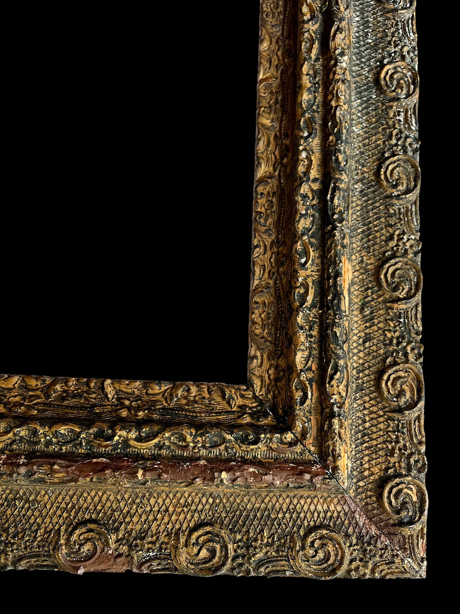 Large 19th Century Antique Gesso and Gilt Wood Frame With Ornate Swirl and Floral Relief - 7