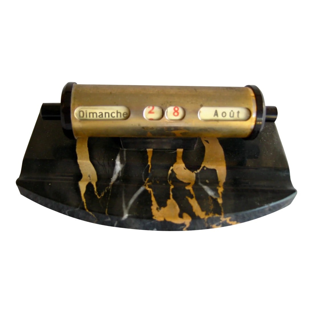 Mid Century French Desk Calendar and Pen Holder: In black marble this lovely pen holder will present on top a cylinder that is an adjustable calendar that gives the day , dates and month just by turning the knobs on the side , the style is typical