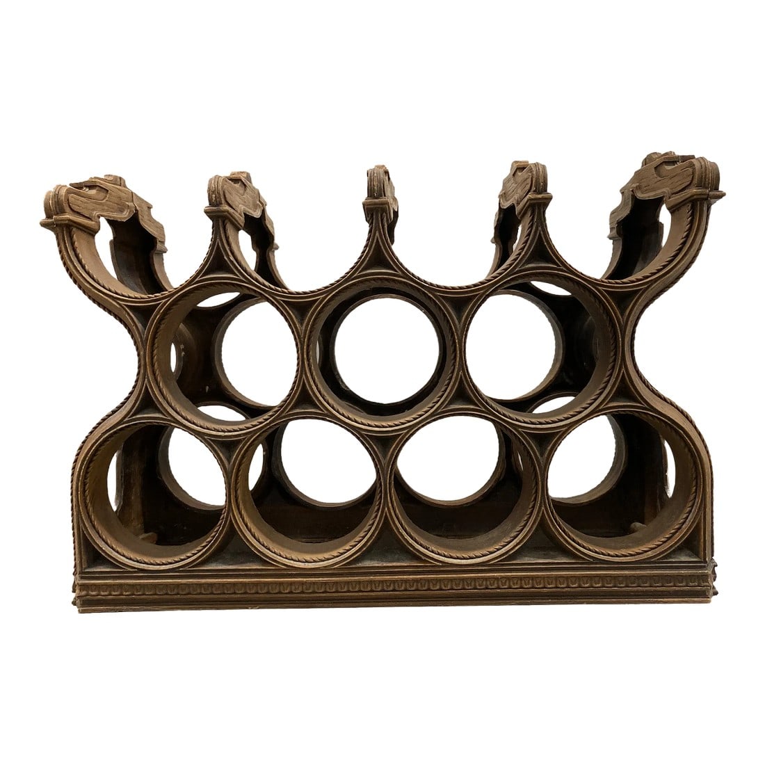 1970s Faux Wood Regency Style Wine Liquor Bottle Rack: This vintage rack closely resembles richly carved dark wood in the Regency style, but is made of a high quality faux bois plastic. Great attention to detail with rope trim on the 4.5" diameter bottle