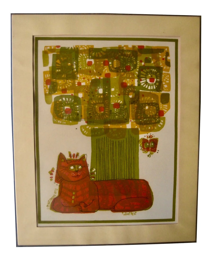 1973 David Weidman Mid-Century Modern Flower Cat Print: Pure 70s style, in the color design this artist was famous for this kind of work, you have here an original print done by the artist from one of his serigraphy, frame in an acrylic frame, the colors