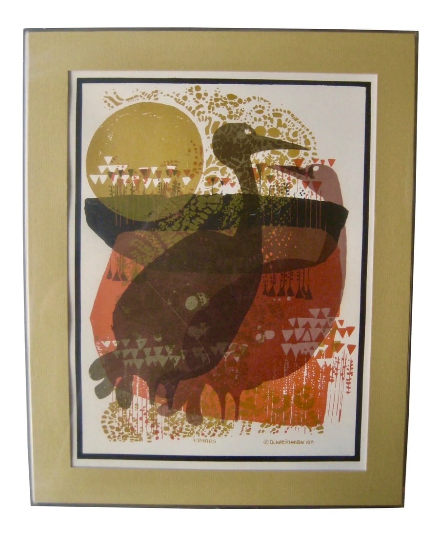 1971 Mid-Century Modern Print From David Weidman Cranes: Here you have an original print made by the artist David Weidman in 1971 from one of his serigraphy called Cranes, very strong in the style of 1970, you have here a nice mix of abstract and
