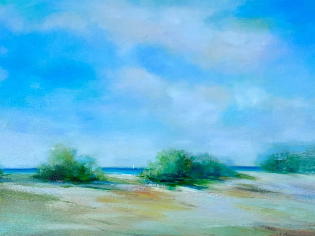 Coastal Beach Dune Blue Sky Seascape Oil Painting by D. Kim: Original oil on canvas by artist D. Kim. Stretched canvas, unframed. Dimensions: 40 x 30" Please note: If you purchase multiple items, we'll gladly combine shipping"”just send us a message.
