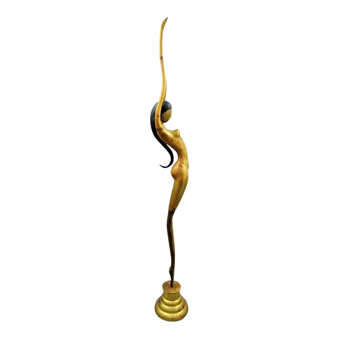 77" Tall 1940s Mid-Century Modern Female Nude Dancer Diver Sculpture Attributed to Karl Hagenauer: 77" Tall Mid-Century Modern Female Nude Dancer Diver Sculpture attributed to Karl Hagenauer. Modernist high-polished brass sculpture featuring an elongated nude female form with an arched back and