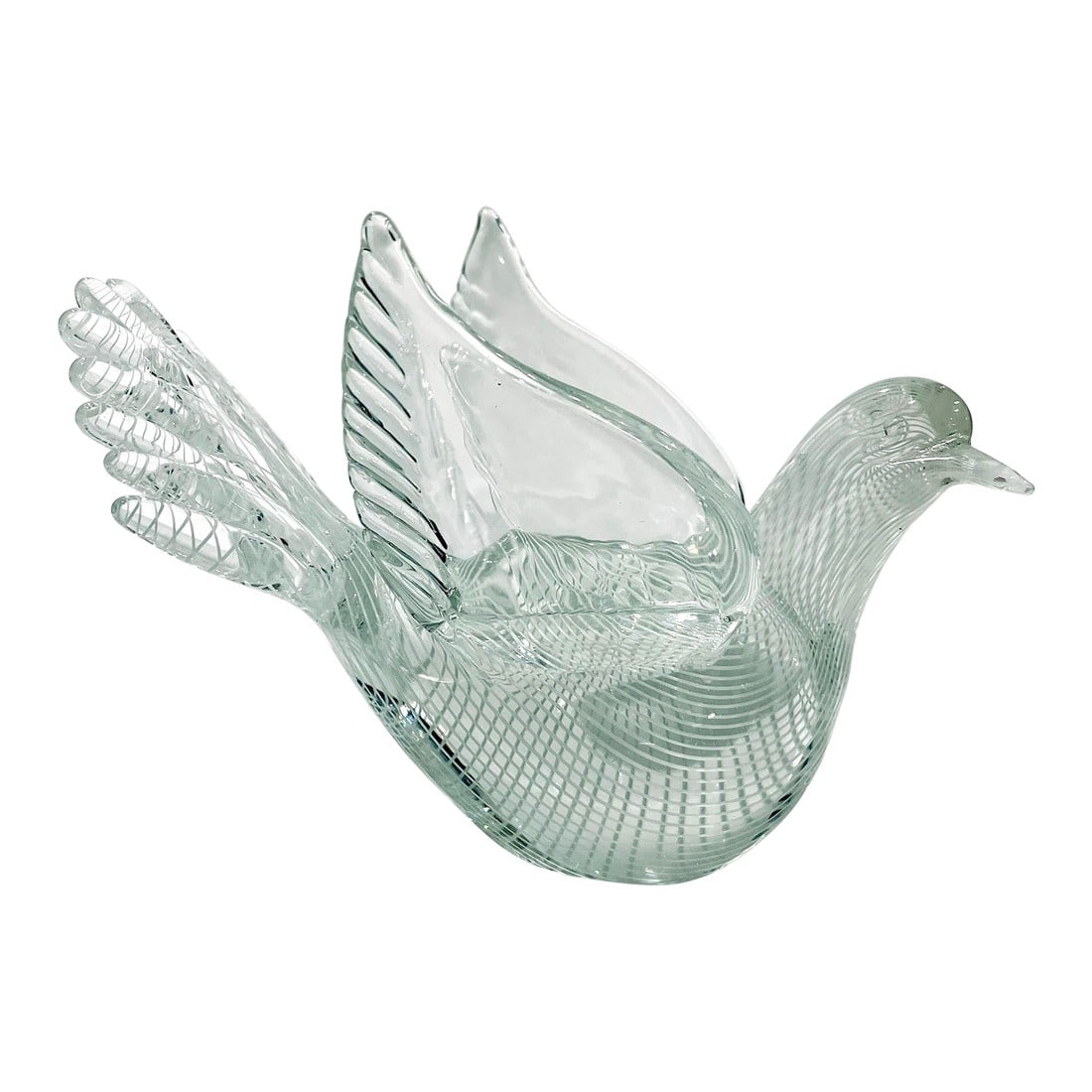 1950's Murano Attributed Glass Dove Figurine - Franco Moretti: This beautiful dove is a superb example of mid-20th century Murano glass. Blown using the fiiigrano technique which combines white and transparent glass "canes" into intricate patterns. We