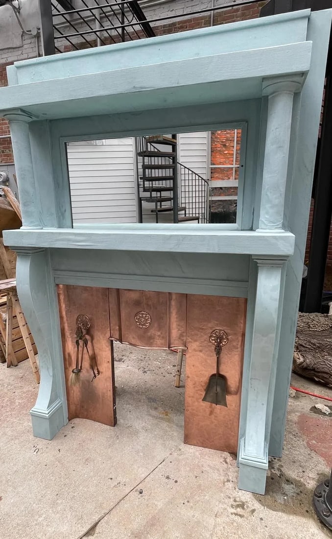 Antique Victorian Wooden Fireplace Mantle With Copper Inset - 3