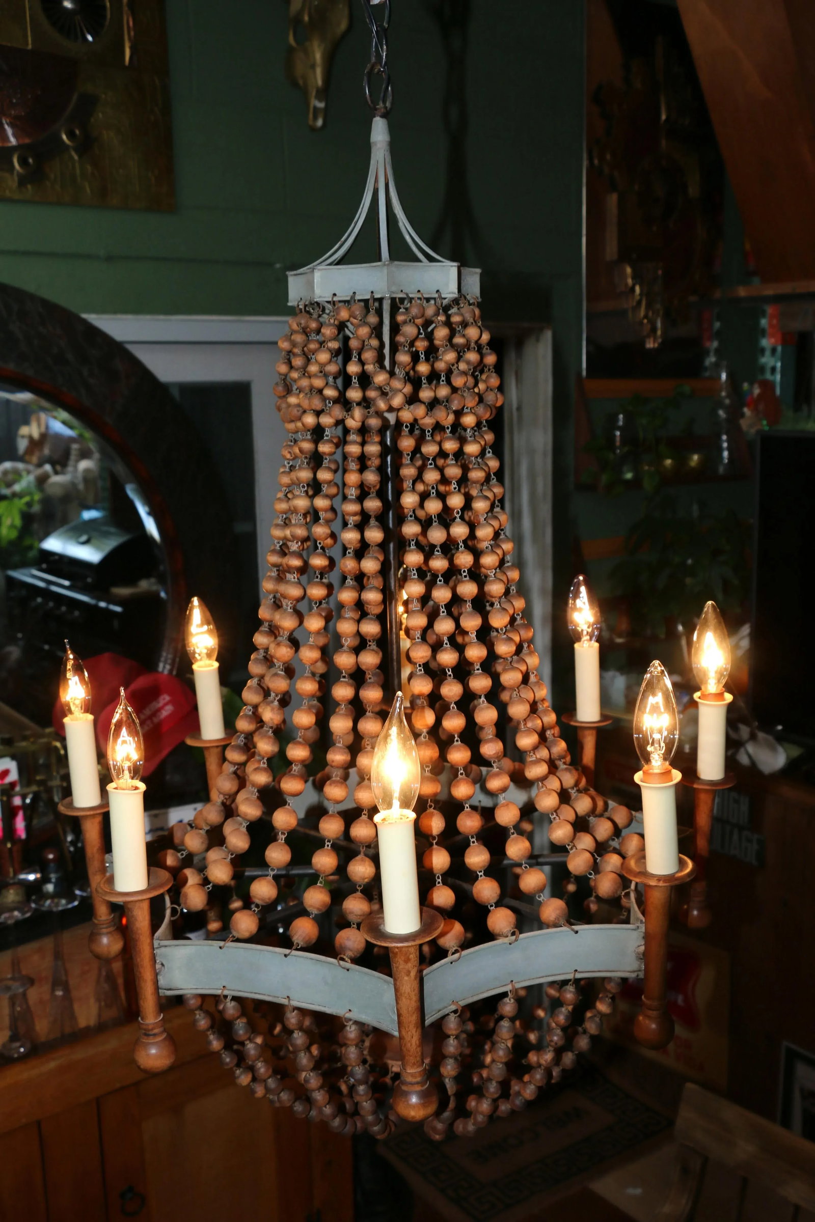 Vintage Wood Bead and Verde Brass Chandelier, 1940s - 10