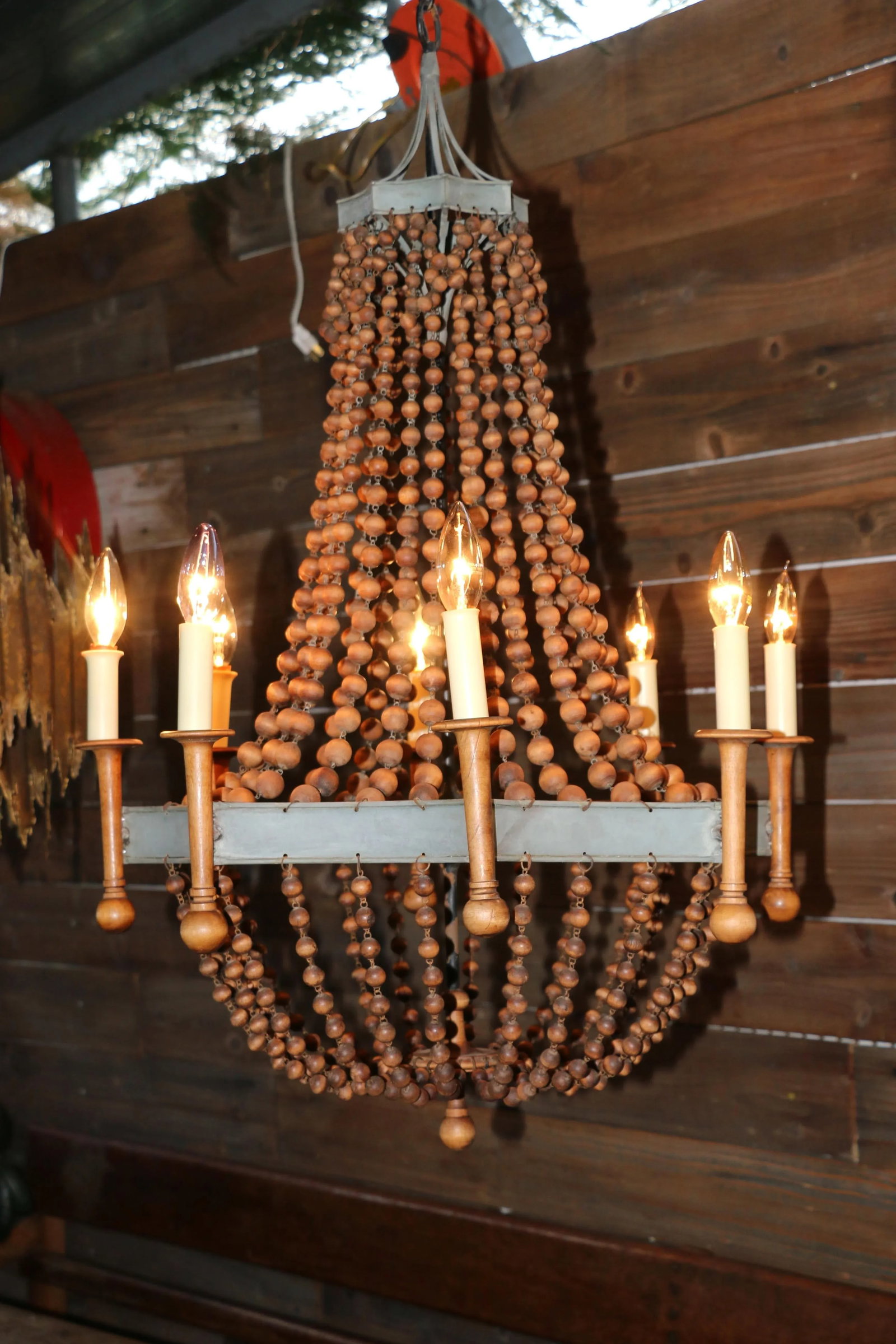 Vintage Wood Bead and Verde Brass Chandelier, 1940s - 11