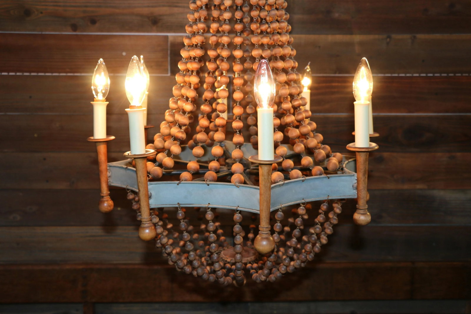 Vintage Wood Bead and Verde Brass Chandelier, 1940s - 12