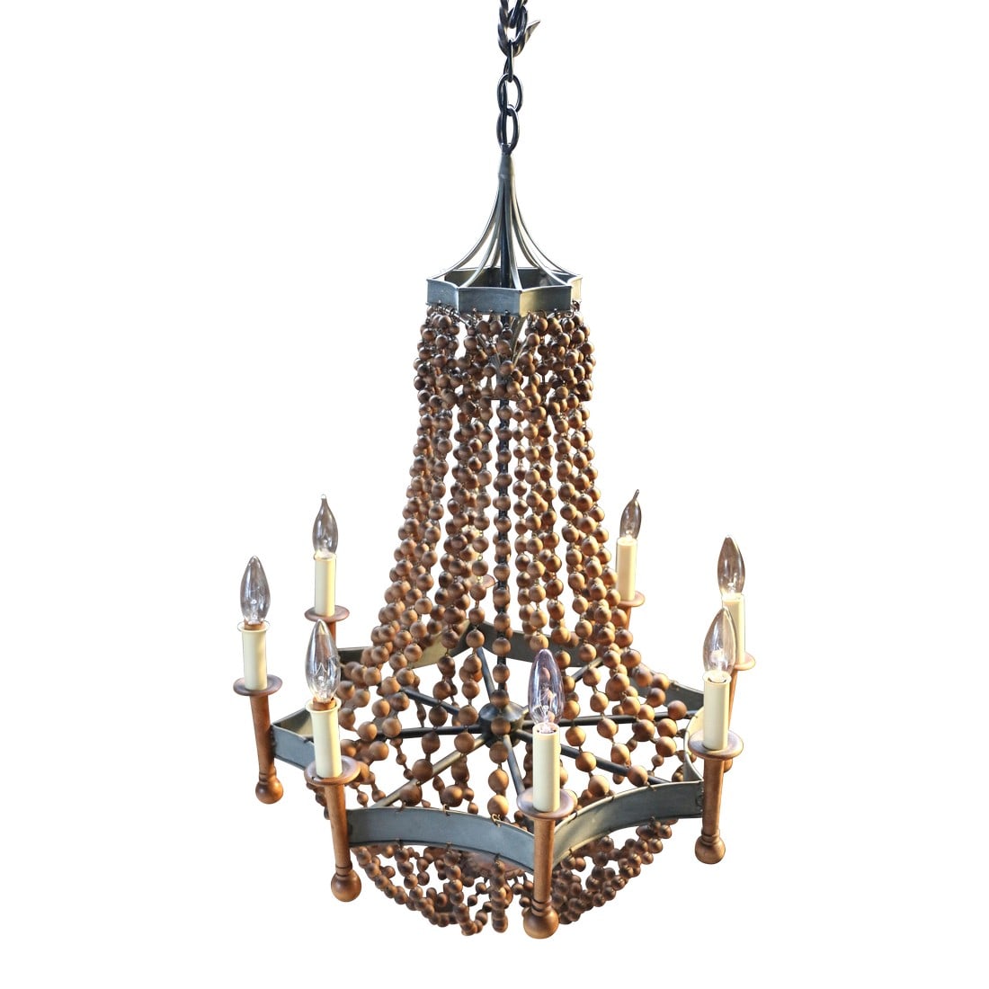 Vintage Wood Bead and Verde Brass Chandelier, 1940s: Amazing wood and Brass Charming Chandelier. This wonderful chandelier is made of natural wood beads with tarnisher brass frame, with original patina. It has eight carved wood outer arms lights. This b