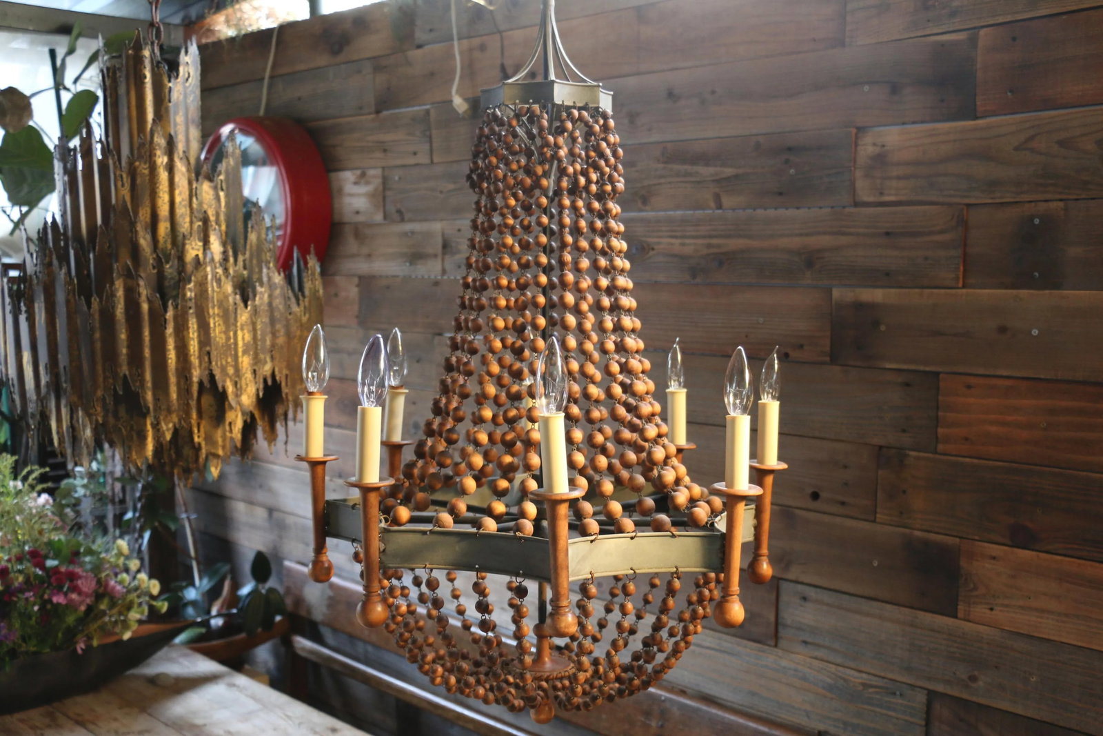Vintage Wood Bead and Verde Brass Chandelier, 1940s - 2