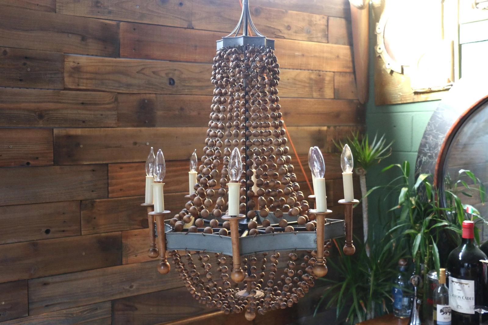 Vintage Wood Bead and Verde Brass Chandelier, 1940s - 3