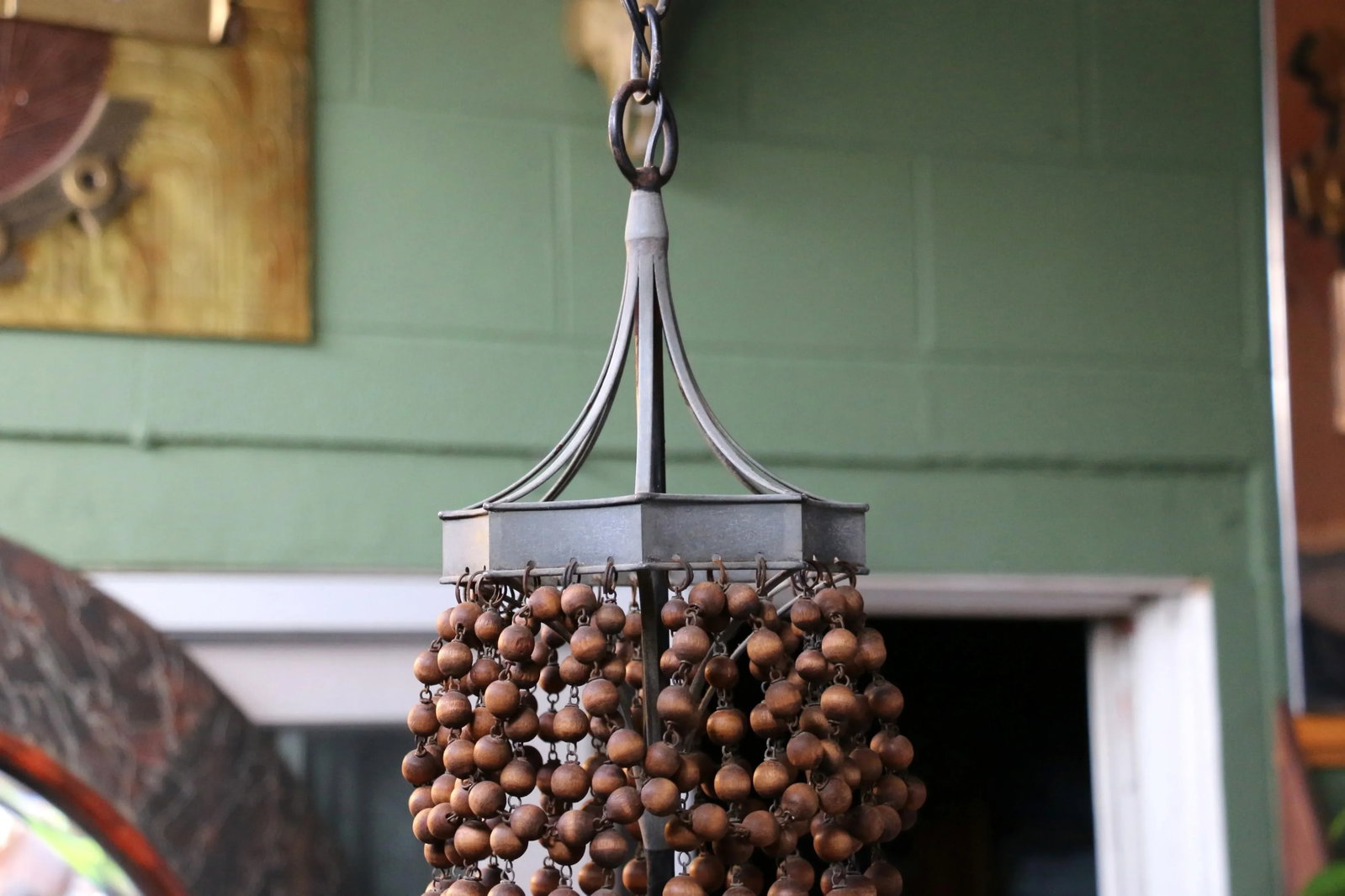 Vintage Wood Bead and Verde Brass Chandelier, 1940s - 4