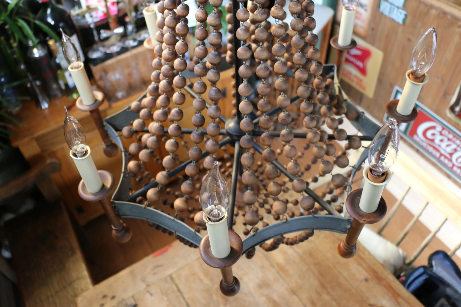 Vintage Wood Bead and Verde Brass Chandelier, 1940s - 5