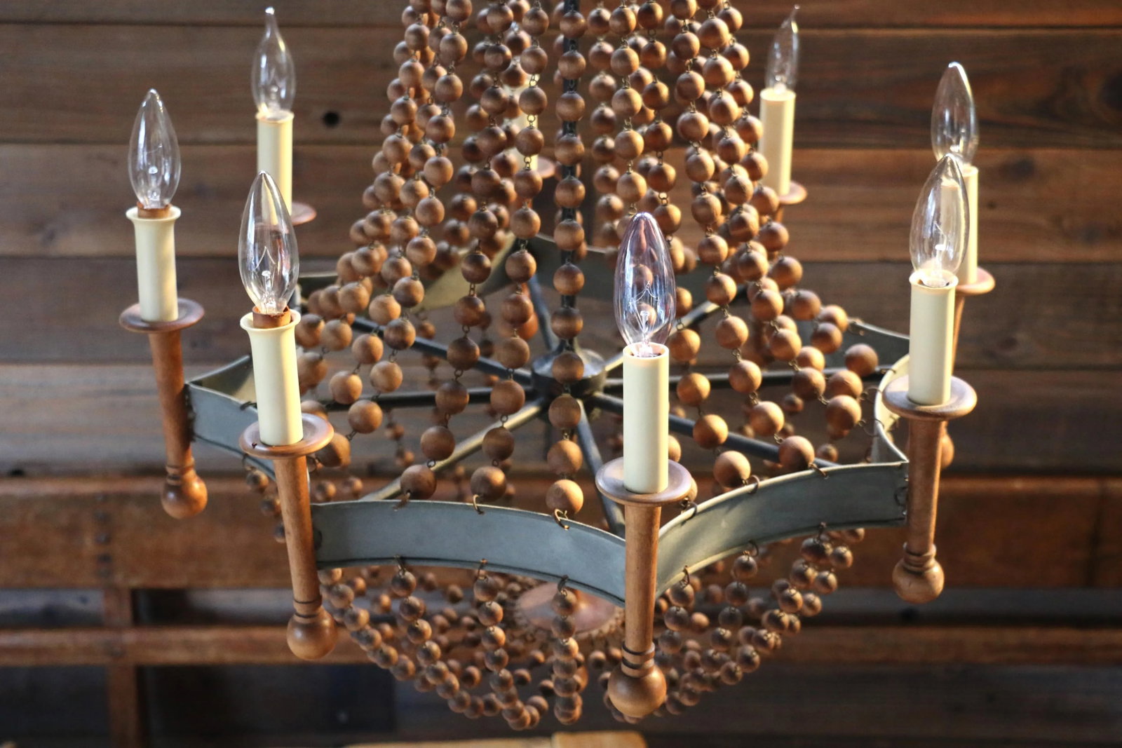 Vintage Wood Bead and Verde Brass Chandelier, 1940s - 6