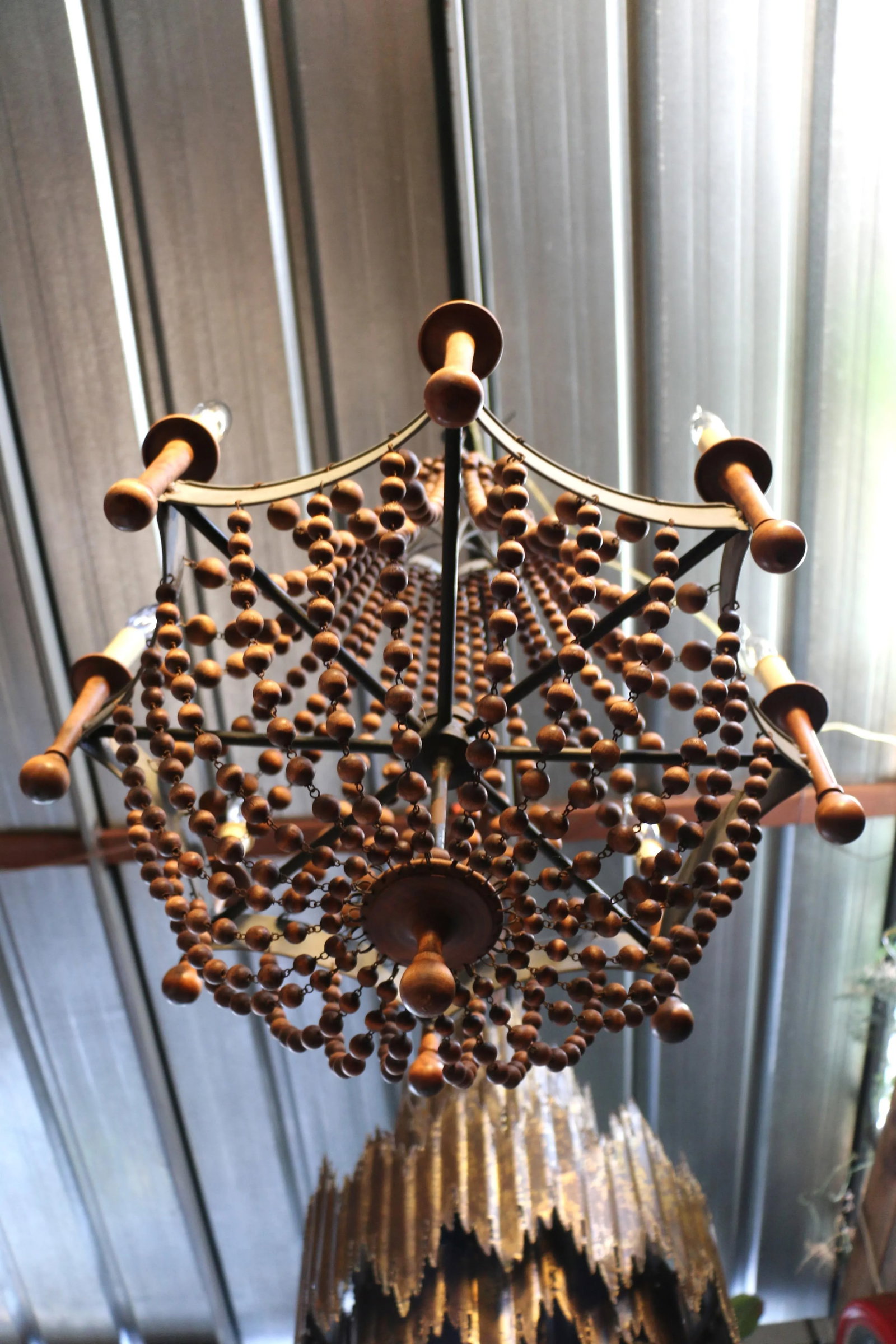 Vintage Wood Bead and Verde Brass Chandelier, 1940s - 8