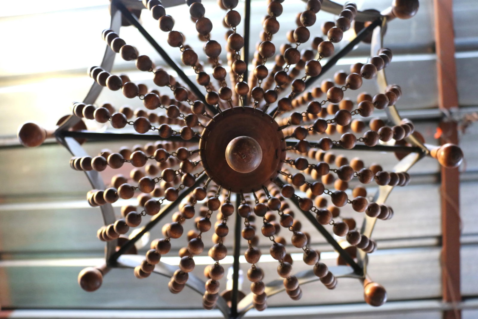 Vintage Wood Bead and Verde Brass Chandelier, 1940s - 9
