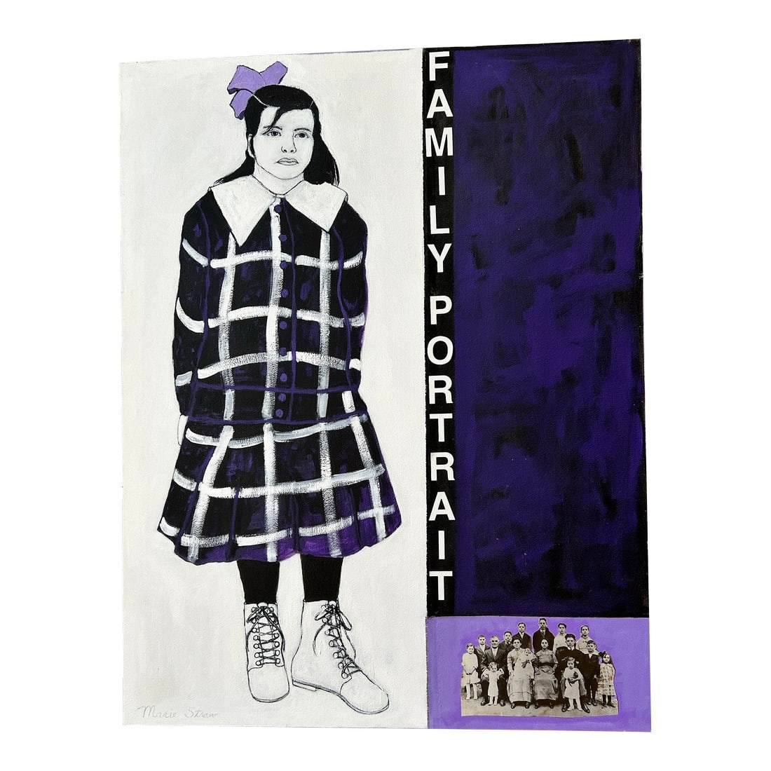 Family Portrait Original Painting by Marie Straw (1894-1996): Family Portrait is a striking original artwork by contemporary artist Marie Straw. This evocative piece blends figurative realism with bold graphic elements, featuring a young girl rendered in stark