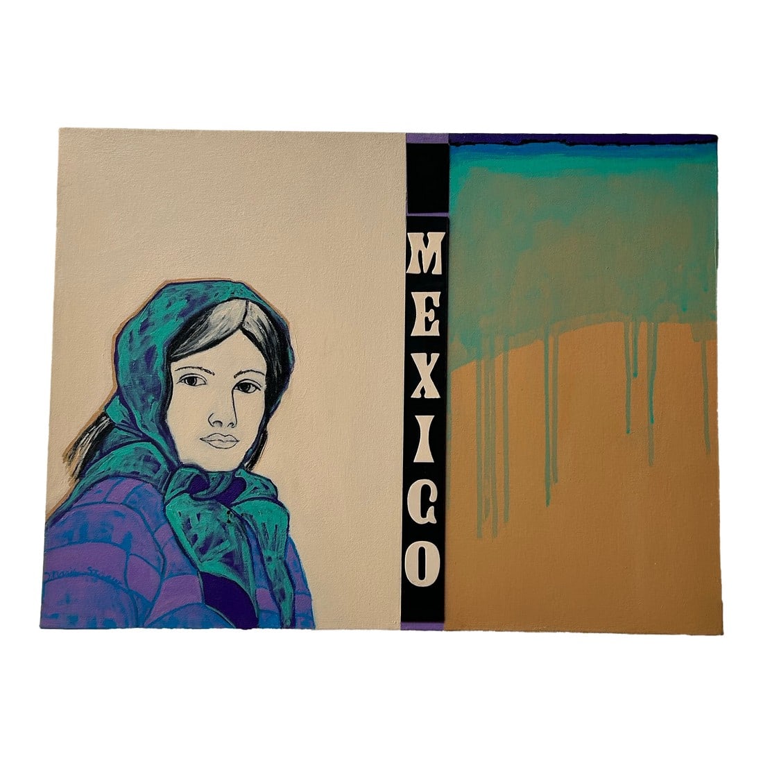 Mexico by Marie Straw (1894-1996) Original Acrylic Painting: Mexico by Marie Straw captures a quiet strength and introspective beauty through a stylized portrait of a woman wrapped in a rich teal and purple scarf. Set against a soft neutral background, the