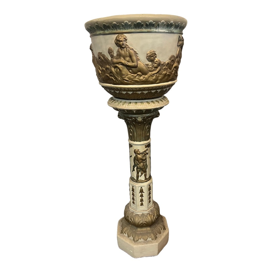1950's Italian Plaster Cherub Pedestal Jardinier Gold: Gorgeous Italian Plaster jardinier in excellent condition for age. Cherub scenes is handpainted gold with cream background. Slight chips in plaster as seen in pictures, but very minor. Measures: 42"
