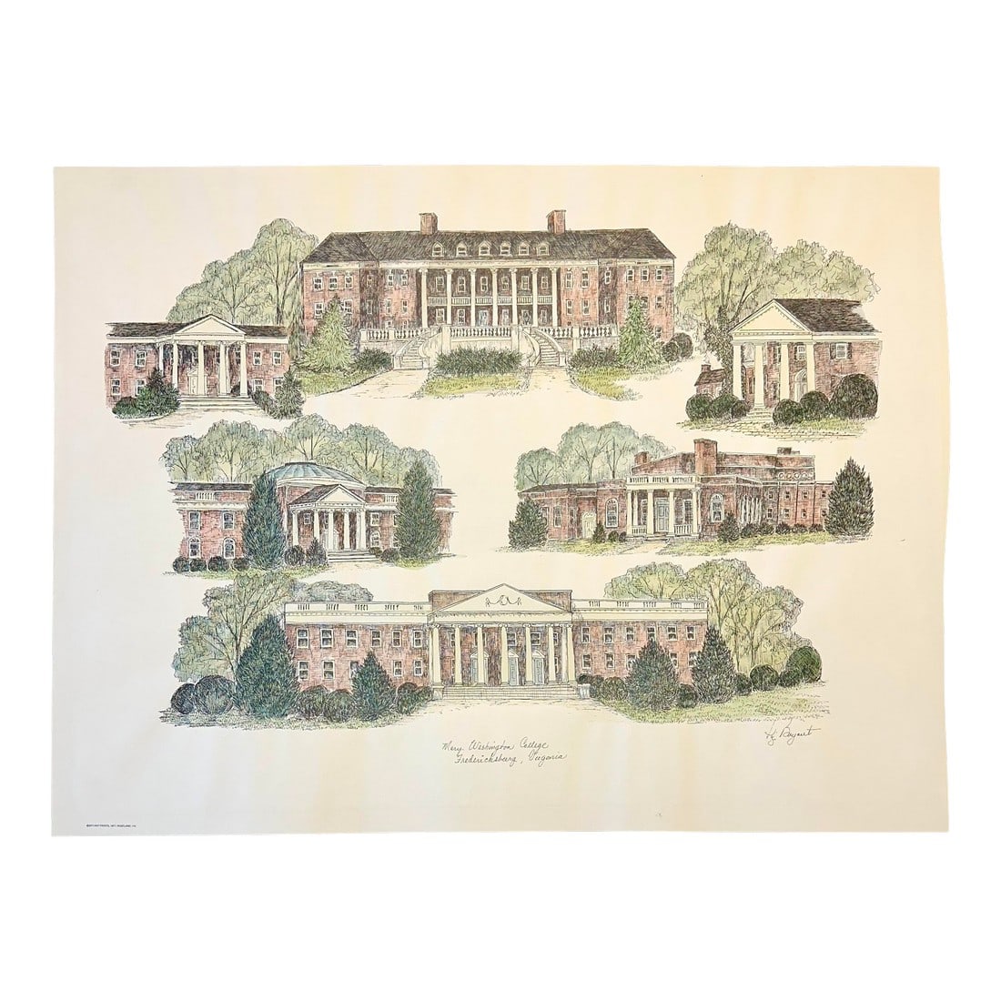 Mary Washington College Print by Liz Bryant: Hand-colored offset lithograph print of Mary Washington by Liz Bryant, 1971. Dimensions: 24" x 18" Mary Washington was founded in 1908 and named for the mother of our country's founding father, built