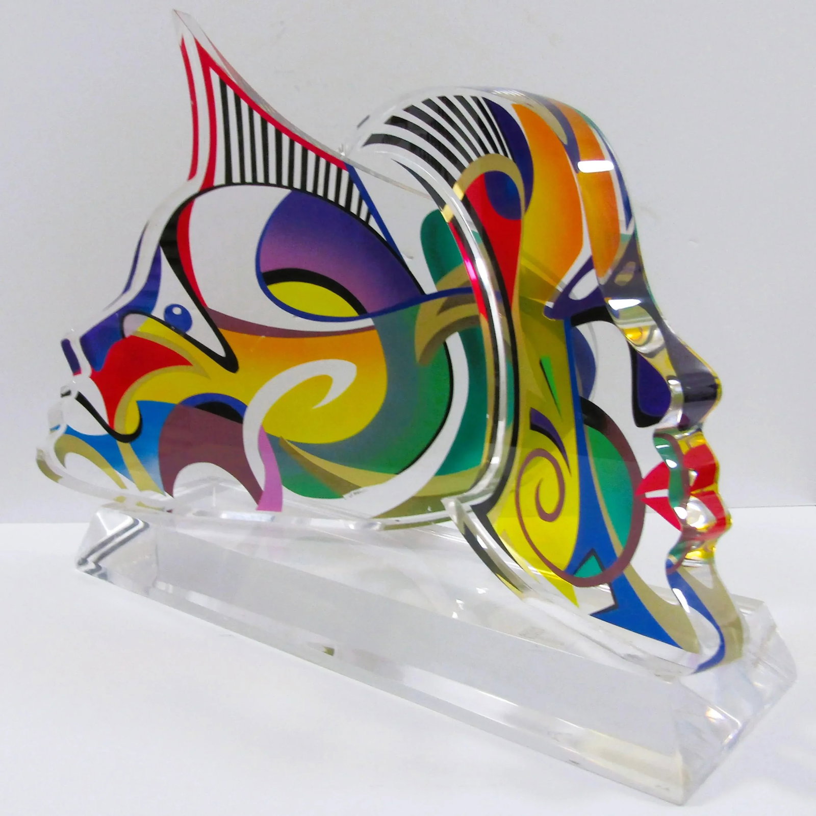 1990s Large Shlomi Haziza Signed Double Impression Acrylic Lucite Sculpture Two Faces - 10