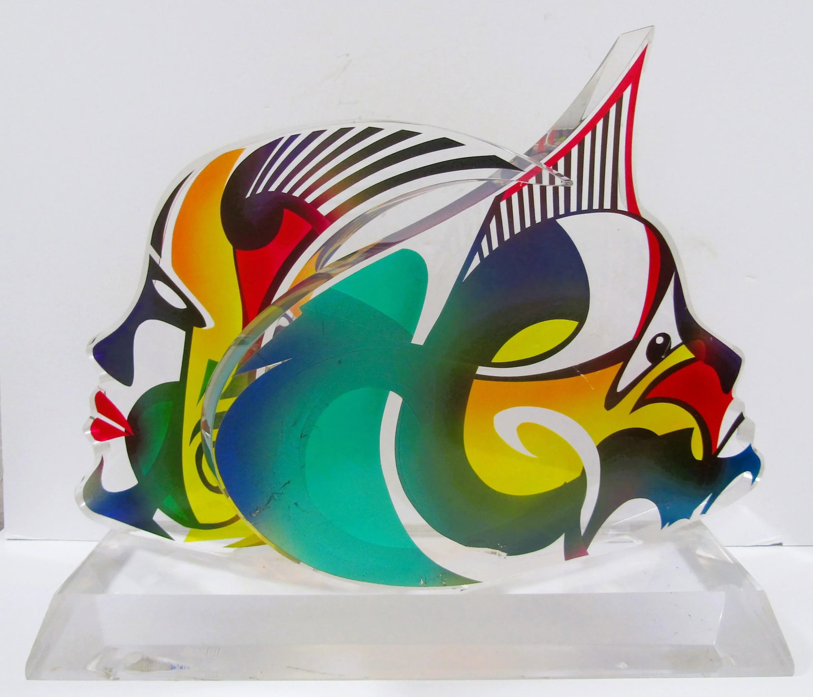1990s Large Shlomi Haziza Signed Double Impression Acrylic Lucite Sculpture Two Faces - 11