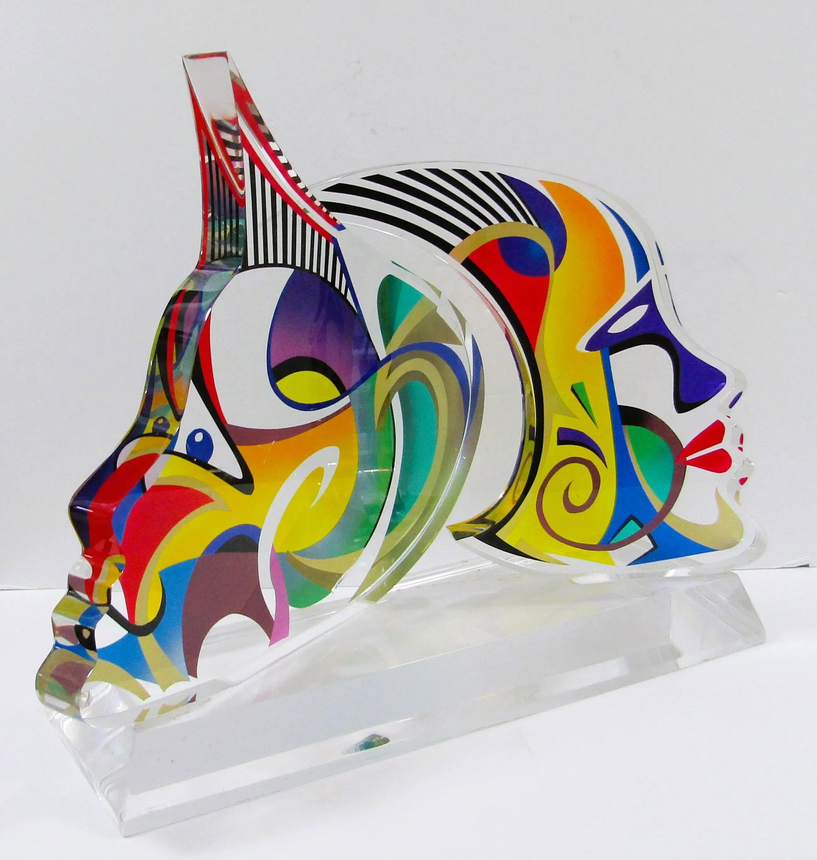 1990s Large Shlomi Haziza Signed Double Impression Acrylic Lucite Sculpture Two Faces - 9