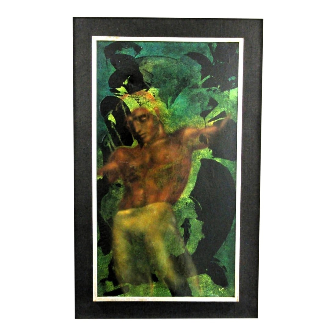 Vintage Lester Russon Framed Male Figure Oil Painting Titled Meditation 1966: This vintage Lester Russon framed male figure oil painting titled "Meditation" from 1966 is a unique and one-of-a-kind piece of art. The large painting measures 31.75 inches in width, 50 inches in