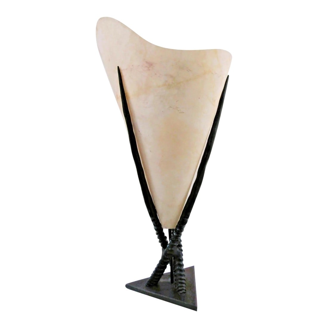 Vintage Large Italian Gemsbok Horn Triangle Base Cone Shade Table Lamp: This Vintage Large Italian Gemsbok Horn Triangle Base Cone Shade Table Lamp is a unique and stylish addition to any home decor. The lamp features a large resin base in the shape of a triangle with a