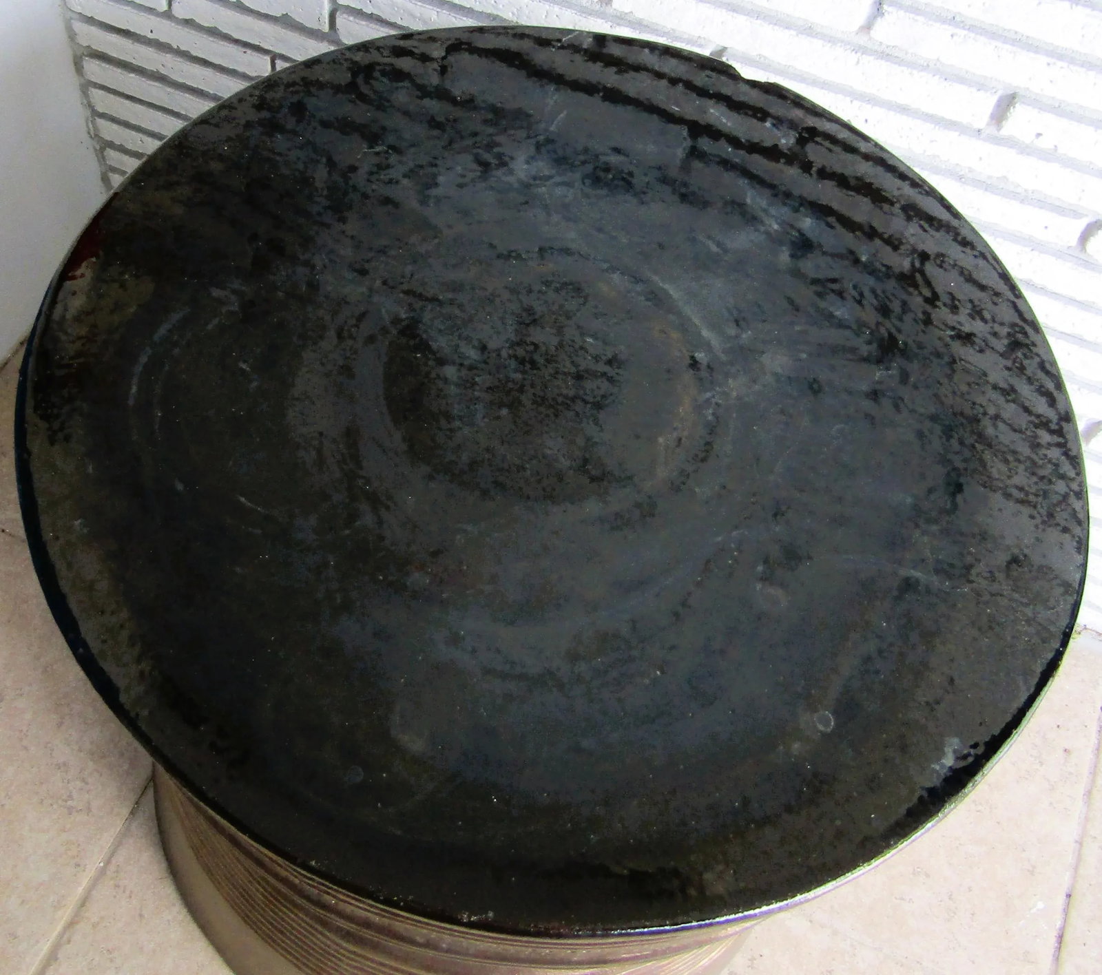 1940s Vintage Asian Bronze Rain Drum Black Terra Cotta Top Side Table - 5