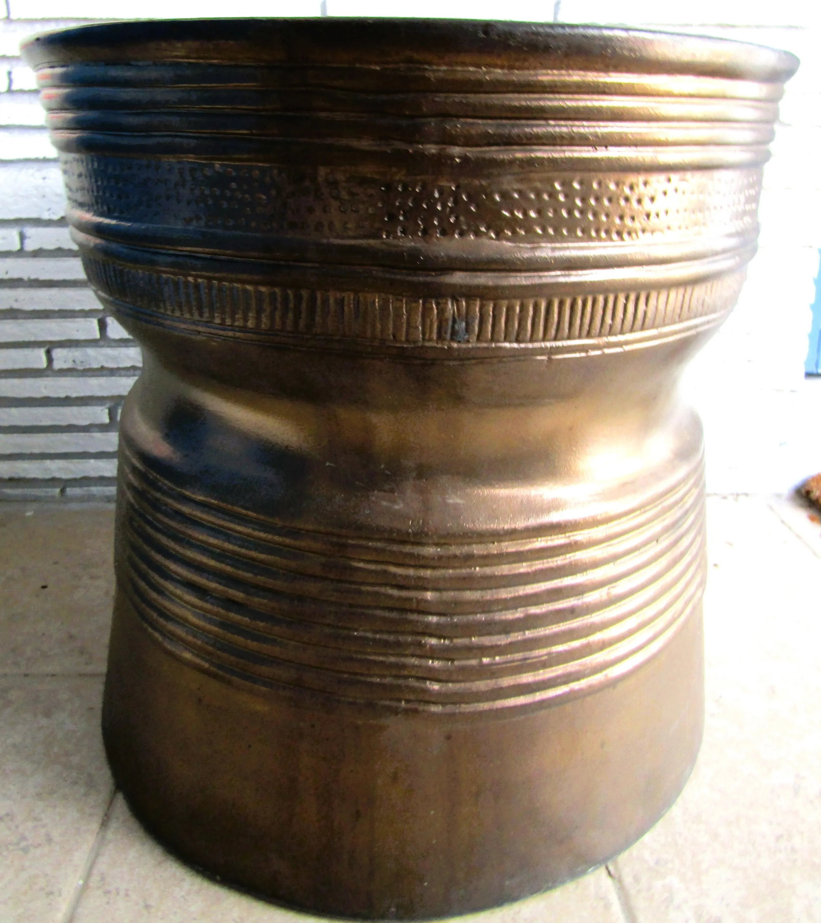 1940s Vintage Asian Bronze Rain Drum Black Terra Cotta Top Side Table - 6