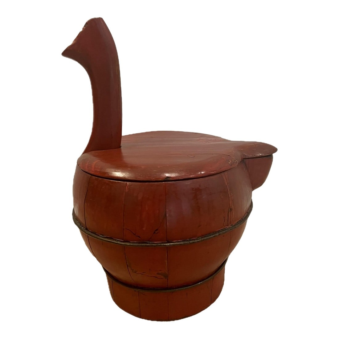 19th Century Red Laquered Water Bucket With Lid, Spout & Gooseneck Handle: Cozy design accent. The color, proportions and especially the cute lighthearted gooseneck make this one of our favorite decor items. The lid is removable and has a little flourish of a hand painted