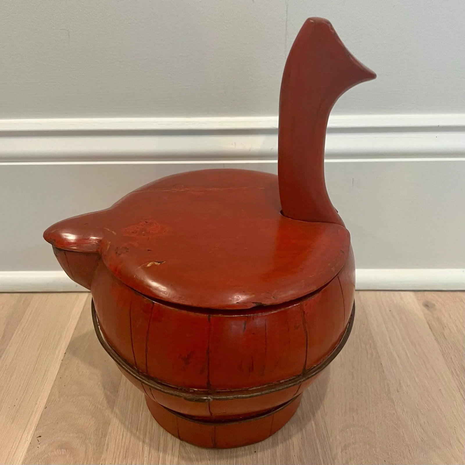 19th Century Red Laquered Water Bucket With Lid, Spout & Gooseneck Handle - 2