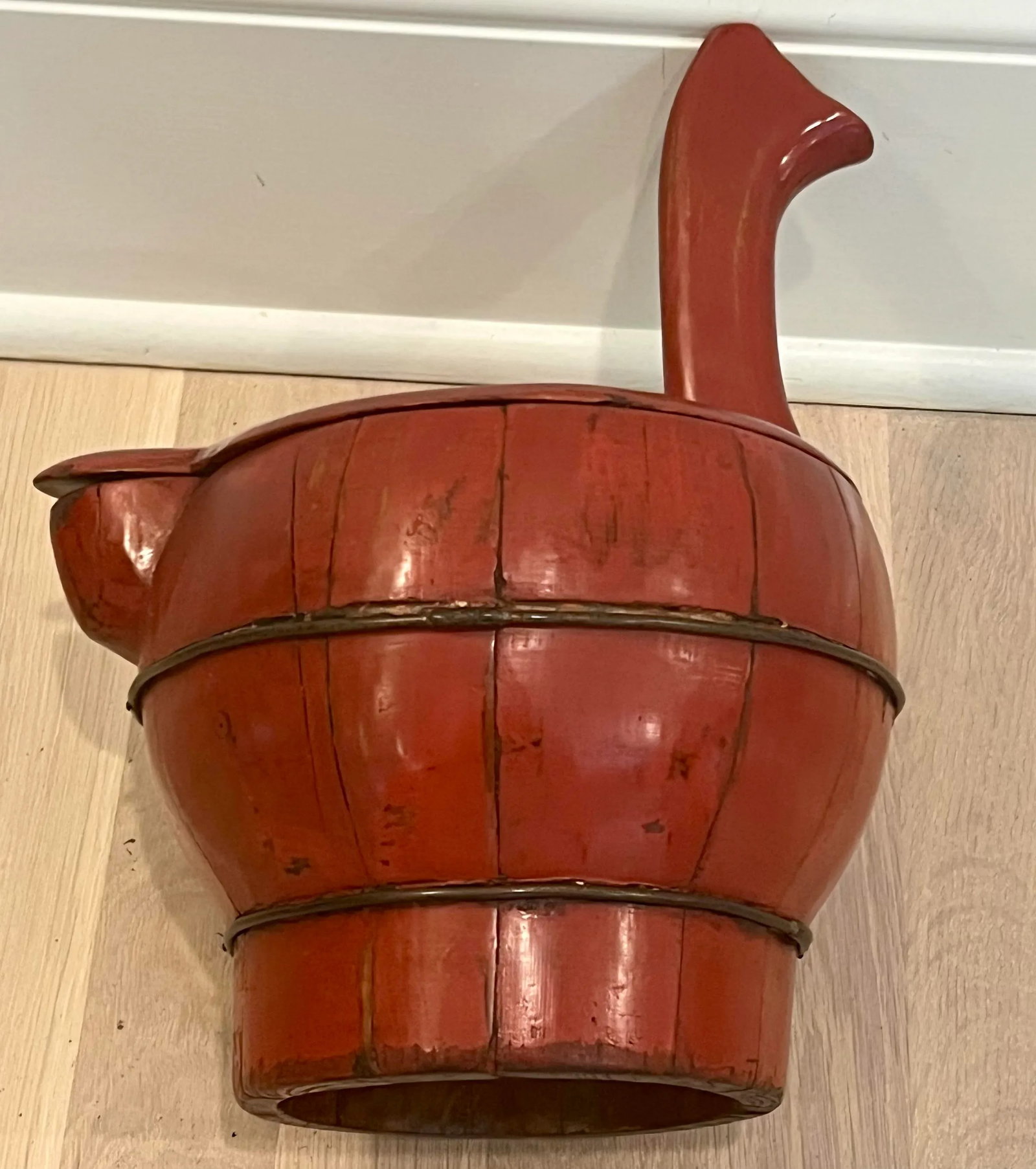 19th Century Red Laquered Water Bucket With Lid, Spout & Gooseneck Handle - 4